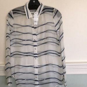 Designer THEORY silk navy white sheer stripe new